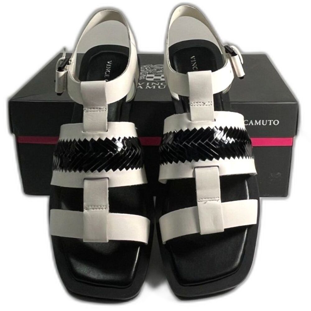 Vince Camuto Women's Bachelen Leather Cream black Sandals SZ 8M NEW